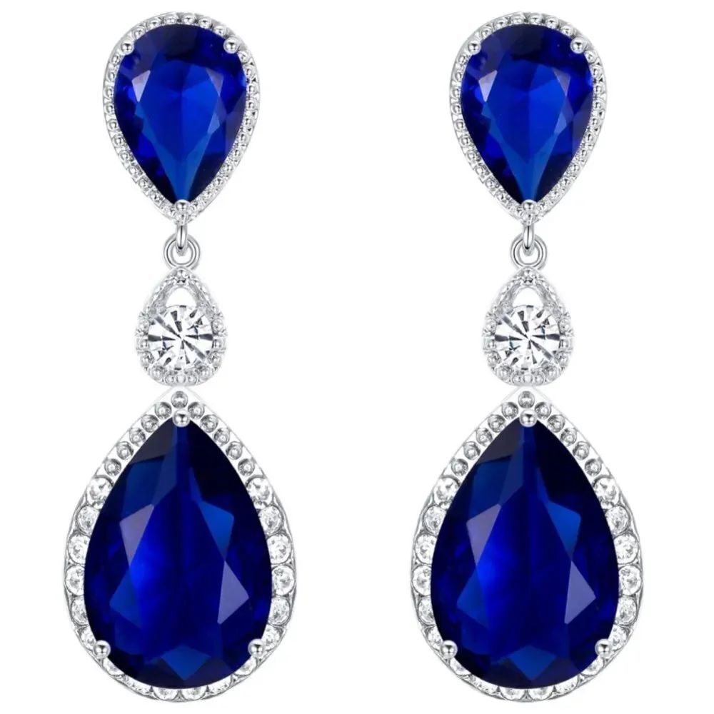 Silver with Blue Sapphire and White Diamond CZ Teardrop Chandelier Post Earrings